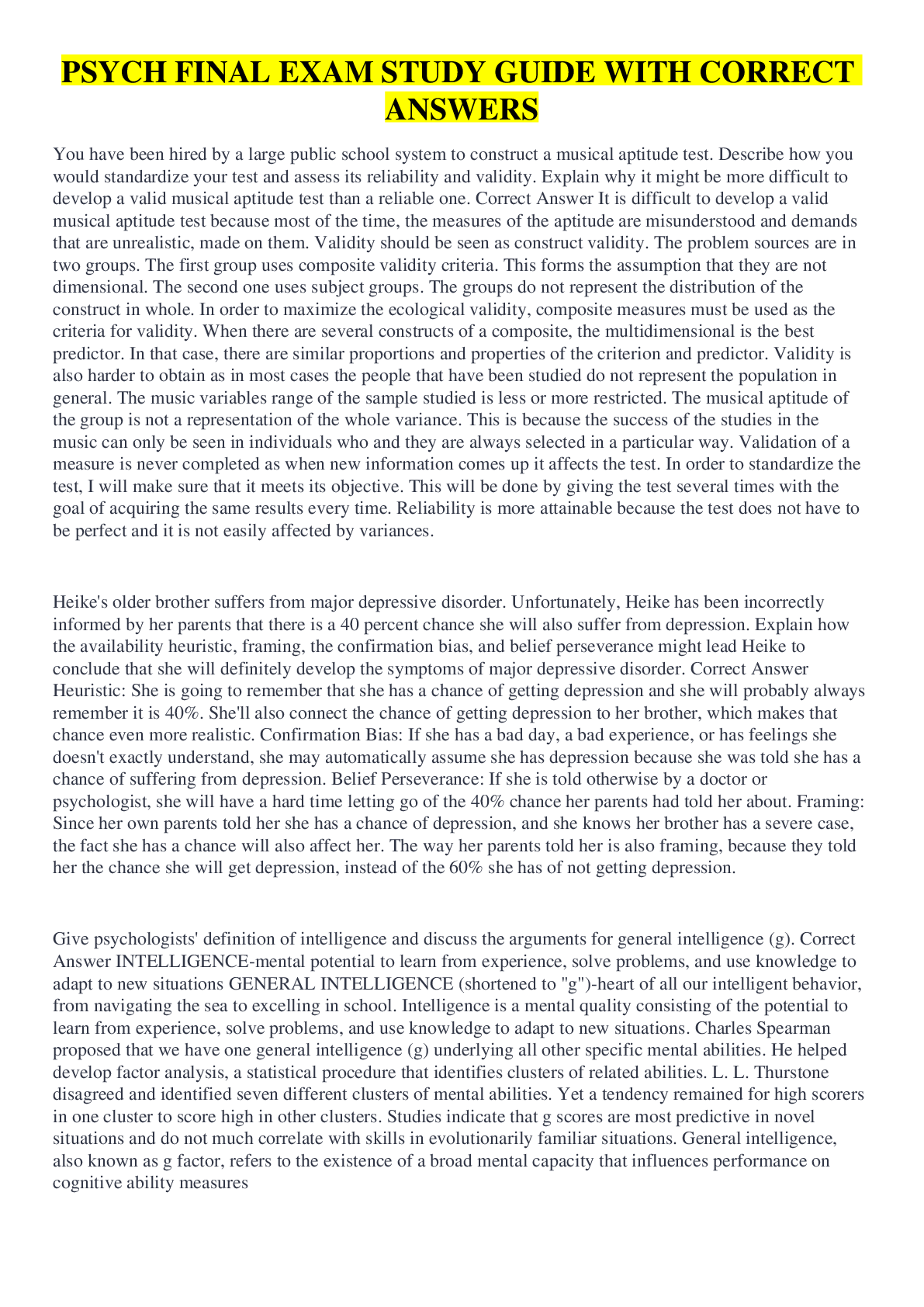 Preview image of PSYCH FINAL EXAM STUDY GUIDE WITH CORRECT ANSWERS document